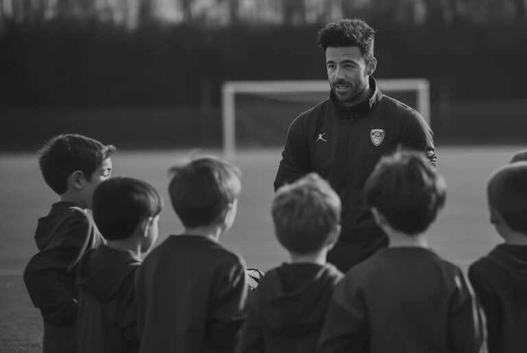 Voetbalschool Groesbeek trainer geeft voetbaltraining aan jonge spelers op het veld, focus op techniek en teamwork, in een professionele en motiverende omgeving.